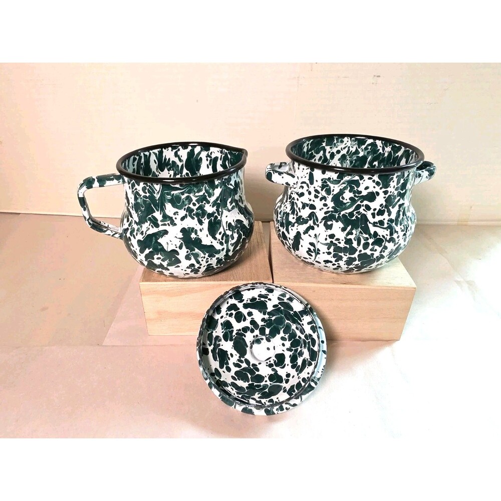 Vintage 6 Pc. Green & White Swirl Enamelware Set Coffee Pot Tray Sugar Creamer - Picture 3 of 11